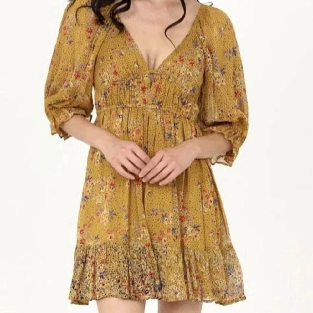 Angie Milk Maid Ruffle Mini Dress Sz S Puff Sleeve Keyhole Smocked Cottage Core